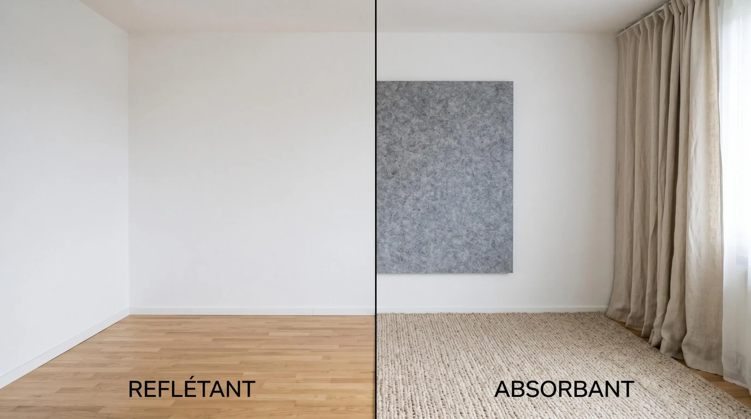 Comparaison visuelle en split-screen : pièce avec surfaces dures réfléchissantes (mur blanc, parquet) à gauche versus même pièce avec matières absorbantes (tapis, rideau, panneau acoustique) à droite
