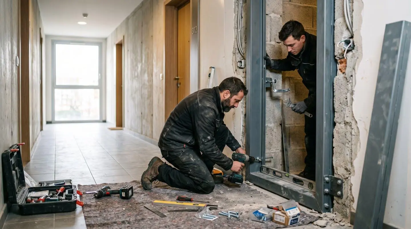 Serrurier procédant à l'installation d'une porte blindée dans un appartement résidentiel