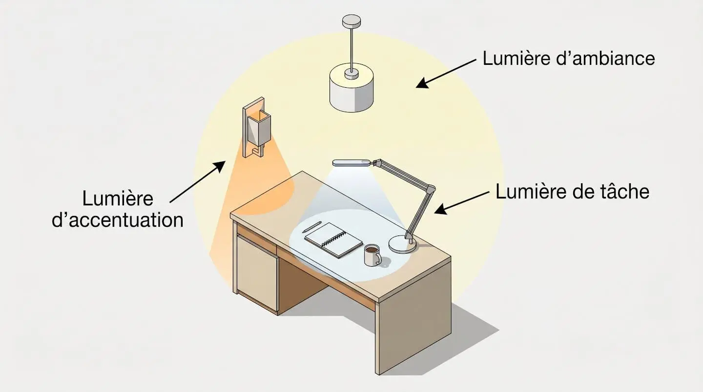 Schéma isométrique illustrant les trois strates d'éclairage d'un bureau : lumière d'ambiance (plafonnier), lumière de tâche (lampe bureau) et lumière d'accentuation (lampe décorative)