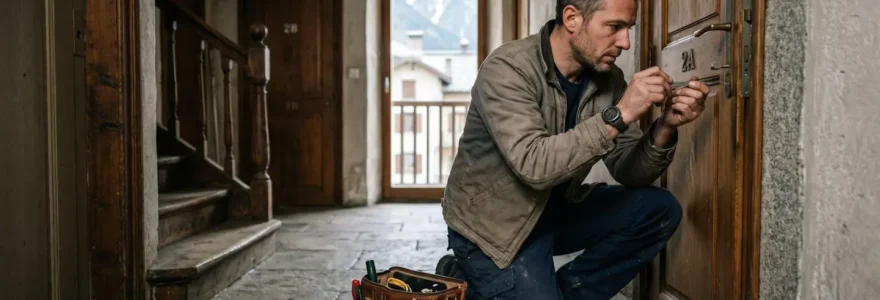 Technicien serrurier professionnel intervenant sur une serrure de porte d'entrée