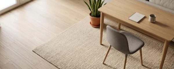 Vue aérienne d'un angle de salon aménagé en bureau minimaliste avec tapis beige délimitant l'espace, bureau en bois clair, chaise ergonomique grise et plante verte en pot