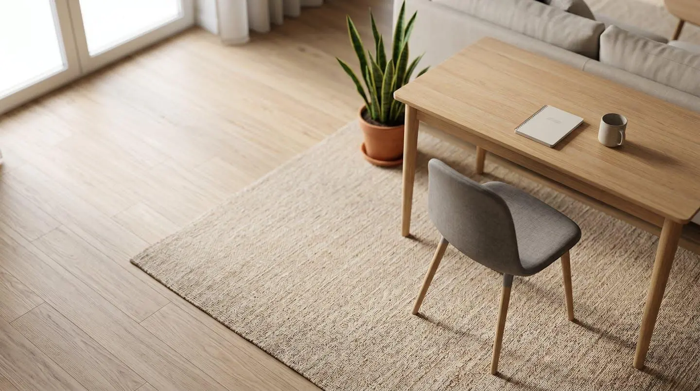Vue aérienne d'un angle de salon aménagé en bureau minimaliste avec tapis beige délimitant l'espace, bureau en bois clair, chaise ergonomique grise et plante verte en pot