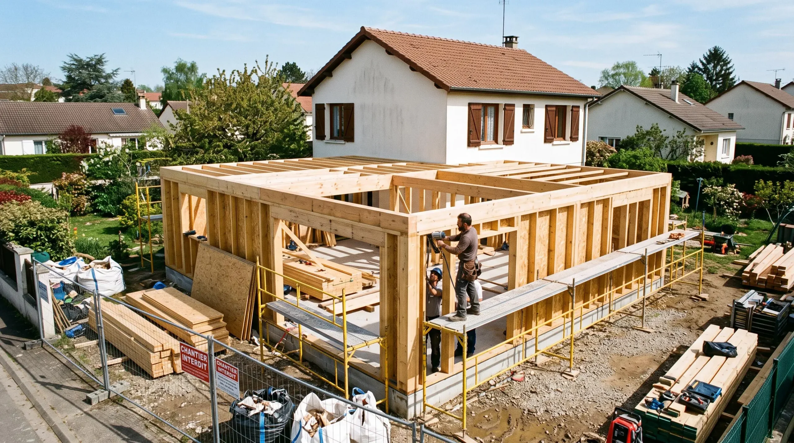 Chantier de construction d'une extension en L avec artisan travaillant sur l'ossature, maison existante en arrière-plan