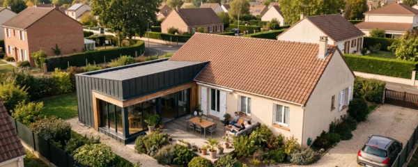 Vue en élévation d'une maison individuelle française de lotissement avec extension en L formant une terrasse protégée dans l'angle intérieur