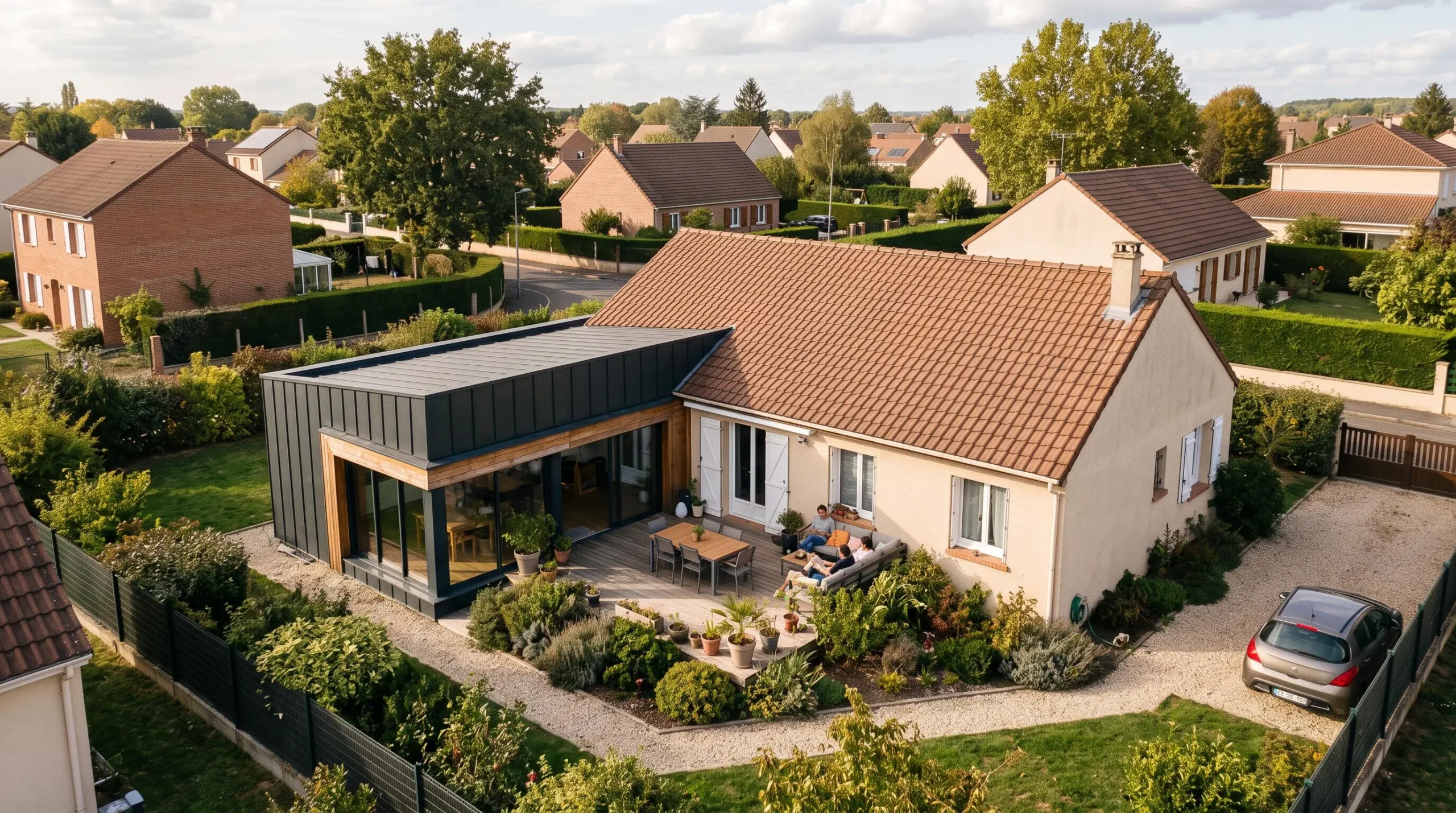 Vue en élévation d'une maison individuelle française de lotissement avec extension en L formant une terrasse protégée dans l'angle intérieur