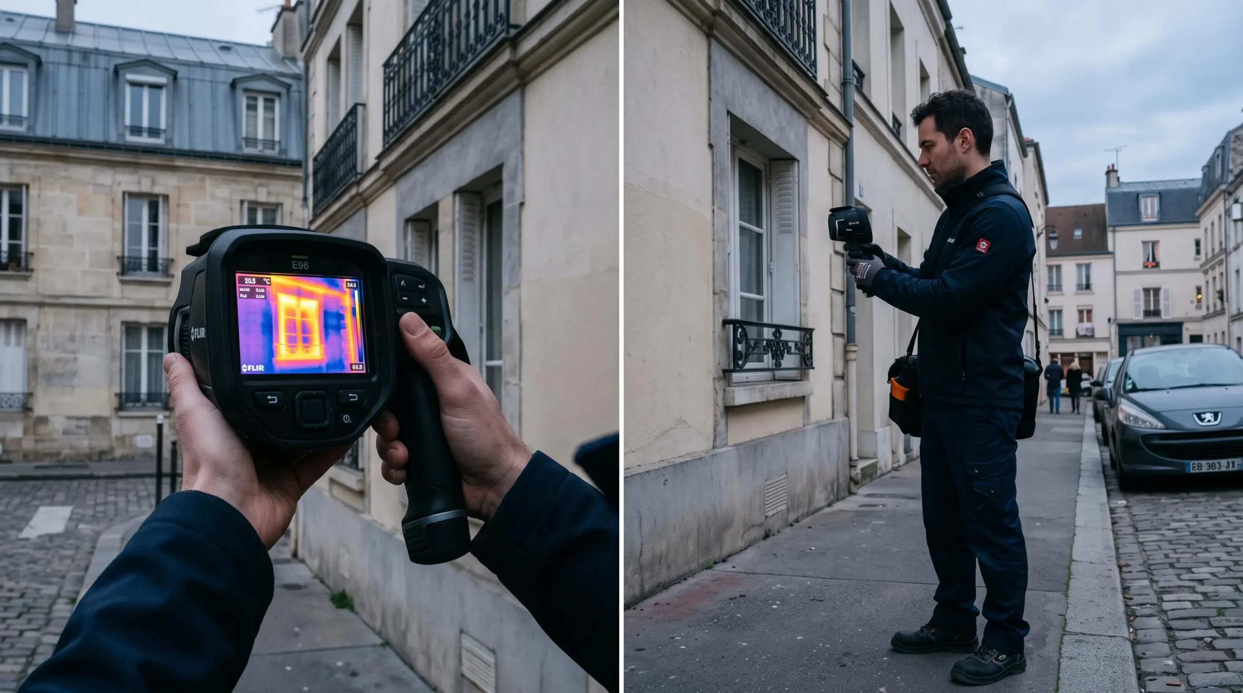 Professionnel réalisant un diagnostic thermique avec une caméra infrarouge sur la façade d'un bâtiment résidentiel