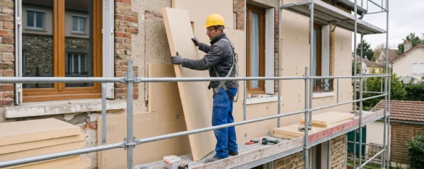 Professionnel installant des panneaux d'isolation thermique par l'extérieur sur la façade d'une maison en rénovation