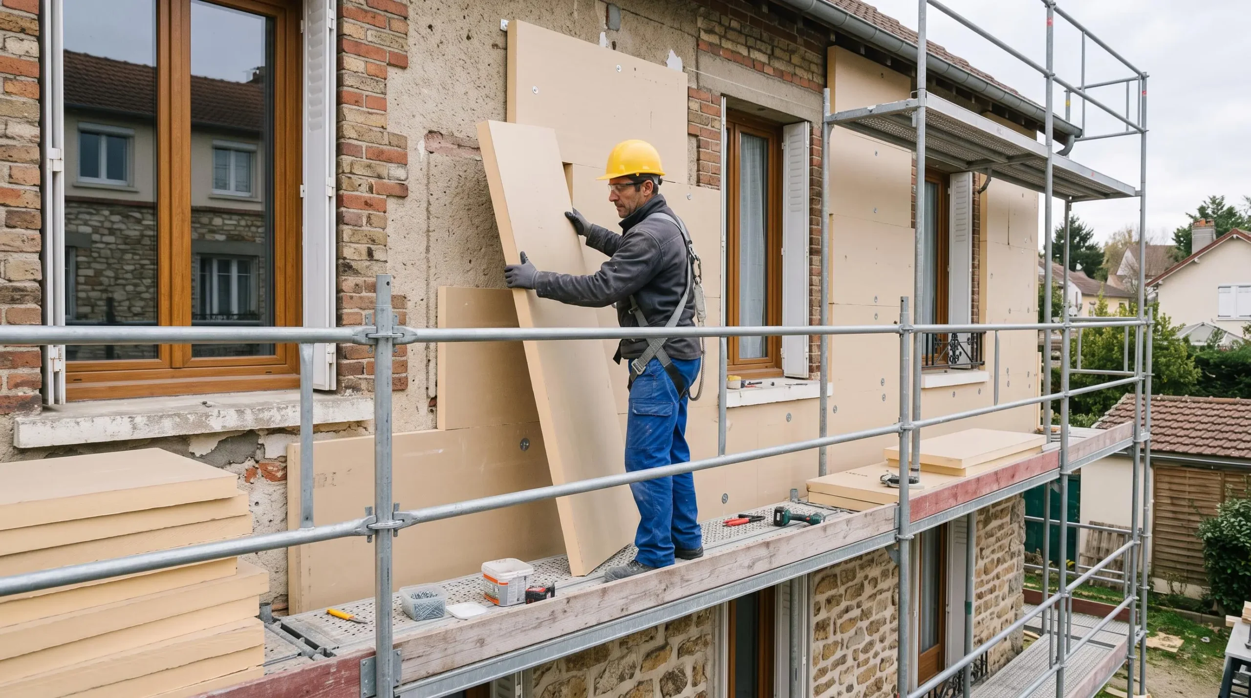 Professionnel installant des panneaux d'isolation thermique par l'extérieur sur la façade d'une maison en rénovation